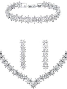 Women’s Bridal CZ Jewelry Set Necklace Earrings Bracelet Wedding Bridesmaid
